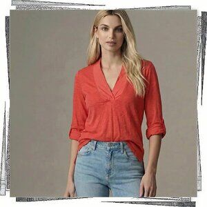 Peacock Red Mixed Media Popover Top w/ Roll Tab Sleeves (S) by Splendid